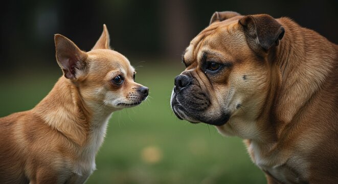 Chihuahua dog staring at Bulldog 