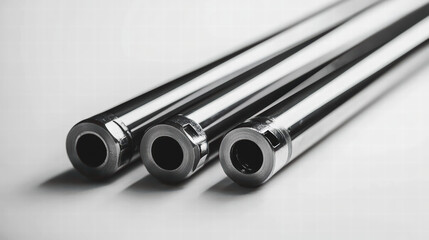 Fototapeta premium Metal Pipe Ends Closeup: A trio of polished steel pipes, each with a distinct end cap, lay in a staggered arrangement, highlighting their chrome finish and reflective surfaces.