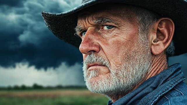 Grizzled rancher, stormy sky: A weathered rancher with a stern gaze, his face etched with the stories of a life lived on the land, stands against a backdrop of a brooding, stormy sky.  