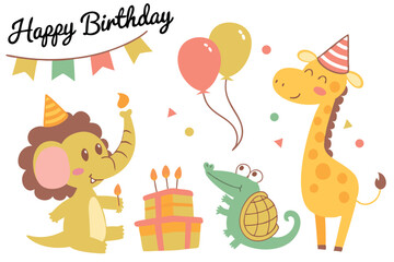 Obraz premium Whimsical Cartoon Animal Birthday Party Illustration – Cute & Colorful Kids Design
