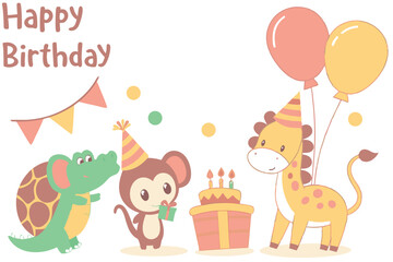 Obraz premium Whimsical Cartoon Animal Birthday Party Illustration – Cute & Colorful Kids Design