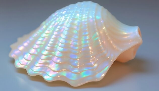 Opalescent Sea Shell With Iridescent Sheen On A Light Surface Close Up