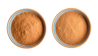 Aromatic cinnamon powder in bowl on white background, set. Top and side view