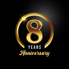 8 years anniversary celebration. Anniversary logo with ring and elegance golden color isolated on black background, Vector Design for Greeting Card and Invitation Card