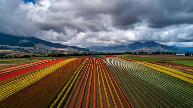 Vibrant flower fields showcase stunning array of colorful blooms under dramatic sky, with rolling hills creating picturesque landscape that celebrates beauty of nature and agriculture.