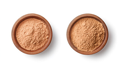 Aromatic cinnamon powder in bowl on white background, set. Top and side view