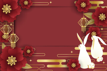 Mid Autumn festival banner, lunar new year or Chinese festival celebration of rabbits with flowers and lantern on red background with frame for your copy space.