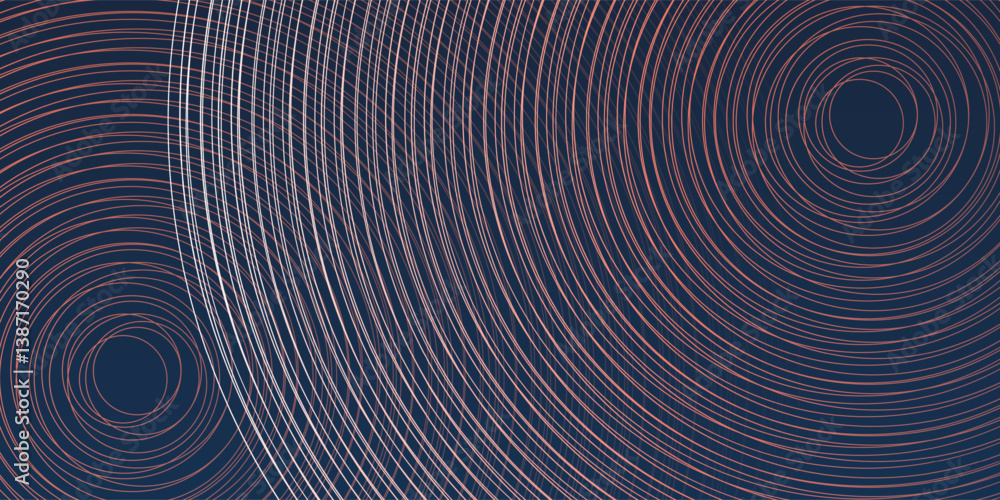 Poster dark blue background with layers of concentric circles in white, brown and orange creating a dynamic