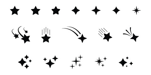 Stars icon collection. Different star shapes. Black stars icon set. Sparkle star icon set. Falling stars.
