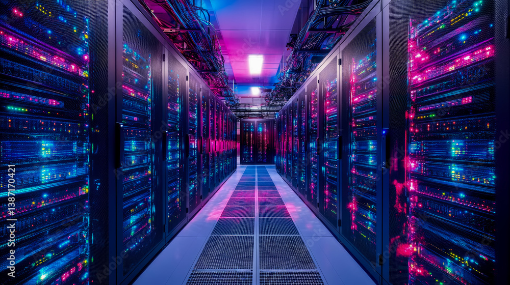 Poster futuristic data center corridor with glowing servers, network infrastructure, and digital data proce