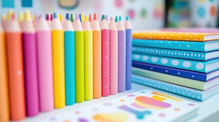 Obraz premium Colorful Art Supplies, Pencils and Notebooks on Creative Workspace