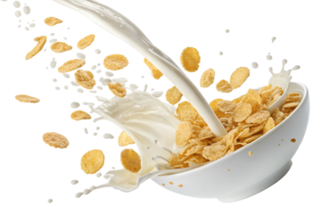falling Corn flakes with pouring milk isolated on transparent background psd