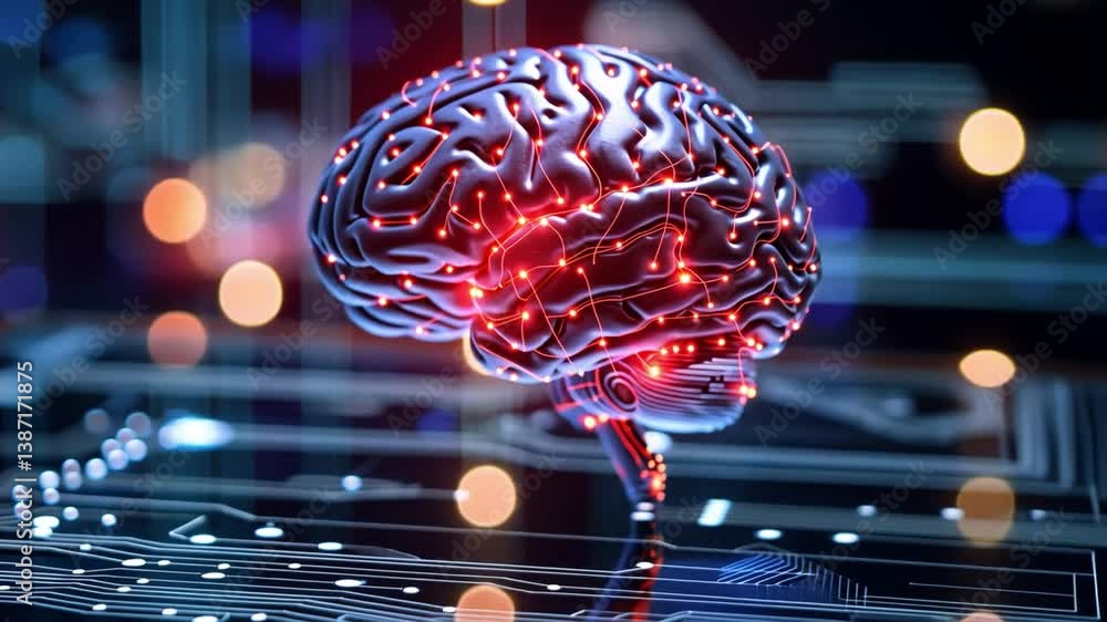 Poster futuristic digital brain design illuminated neural circuits and abstract lights symbolizing technolo