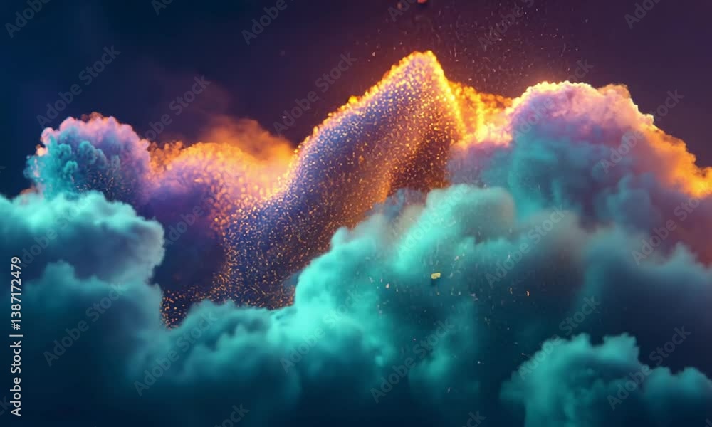 Poster abstract sequence of radiant purple-blue particle streams bursting from optical fibers made with gen