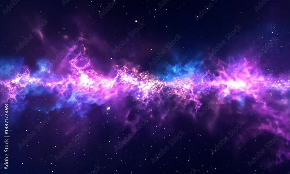 Poster radiant purple-blue particle bursts from optical fibers forming sparkling clouds in abstract animati