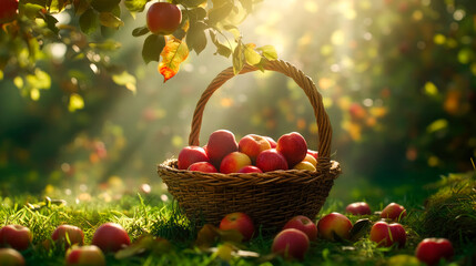 An autumn morning in an apple orchard, with a basket of fresh apples in the foreground.
