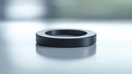 Single Black O-Ring: Closeup image of a single circular, black o-ring laying flat on a white surface, with a blurry blue background.