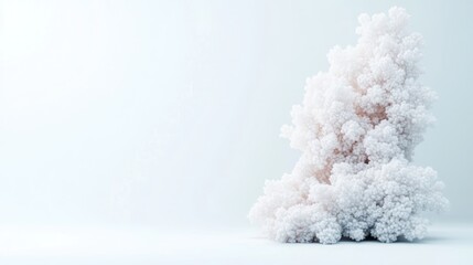 A digitally rendered image shows a large, white, coral-like structure. It sits alone against a minimalist, light blue background. The lighting is soft and diffused, creating a serene mood. The style