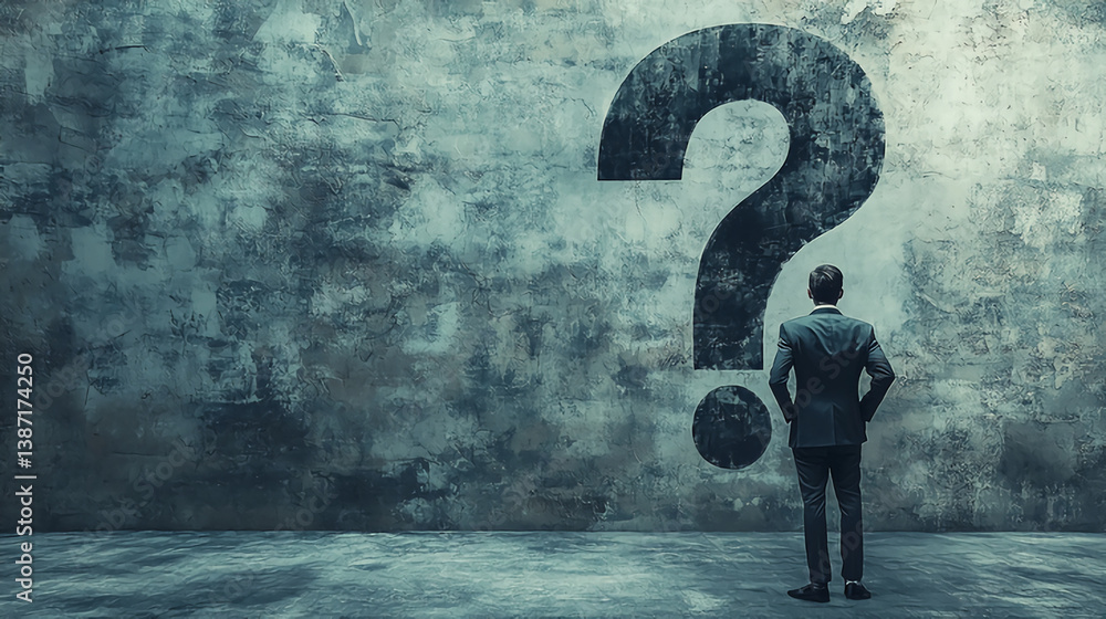 Aufkleber man standing before a question mark on a wall seeking answers solutions and making important decisio