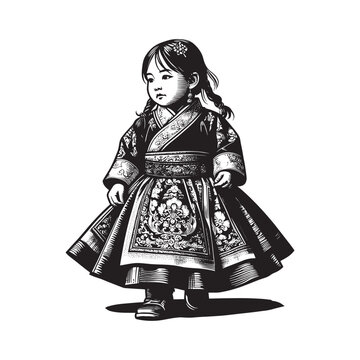 Adorable girl in traditional Tibetan attire with intricate floral details