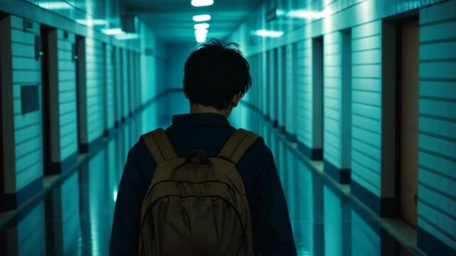 Young person walking down long teal hallway with backpack, illuminated by overhead lights, creating sense of mystery or uncertain journey.