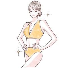 水着の女性/女性のお腹/腸活/便秘/脱毛/ダイエット/ウエスト/くびれ/シェイプアップ/皮下脂肪/脂肪吸引/減量/筋トレ/美尻/ヒップアップ/腹筋/痩せる/太る/アンチエイジング/痩身/代謝アップ/女性・女の子のイラスト素材