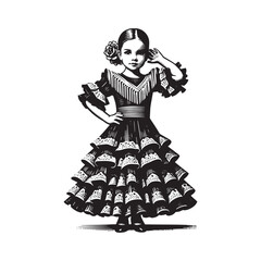 Fototapeta premium Captivating portrayal of a young flamenco dancer in monochrome woodcut style