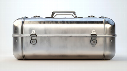 Polished Steel Case: A meticulously crafted, gleaming metallic case, boasting a polished finish and secure metal latches, embodies robustness and elegance with subtle light reflections.