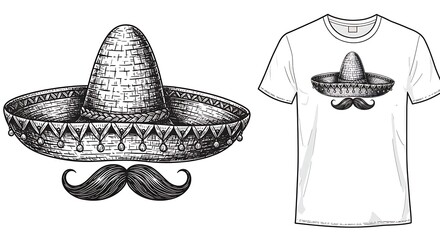 Hand-Drawn Sombrero and Mustache T-Shirt Design Illustration AI Generated