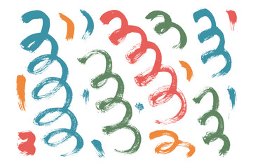 Playful brush stroke paint squiggles lines. Hand drawn kids confetti. Linear dye scribble elements set isolated on white background. Doodle party spirals celebration decoration..