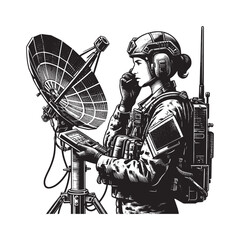 Obraz premium Communications Officer with Satellite and Radio Gear in Detailed Woodcut Style