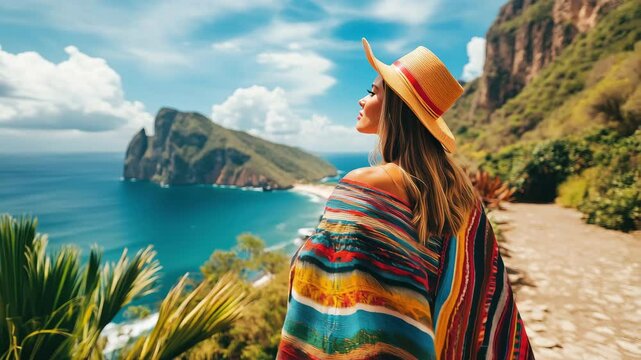 Young female traveler wrapped in colorful poncho admires stunning tropical coastline view, slight camera pan revealing vibrant landscape and ocean horizon under sunny skies.