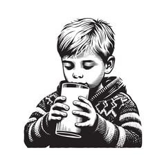 Cozy warmth portrait of a young boy enjoying a glass of milk engraving style