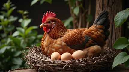 A reddish-brown hen gently rests on three creamy eggs nestled in a rustic woven nest, surrounded by lush green foliage, creating a tranquil farm scene.