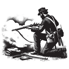 Detailed drawing of a kneeling soldier firing a rifle in battle scene