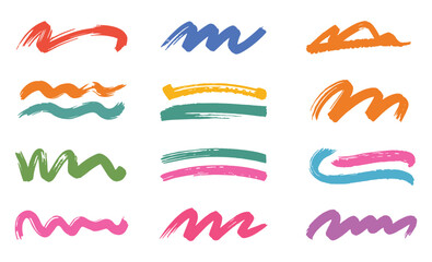 Crayon brush stroke color underline. Chalk pen highlight stroke. Vector hand drawn brush underline element set for accent, crayon texture emphasis element. Color kid chalk vector illustration
