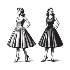 Elegant monochrome vintage fashion showcase featuring women in retro dresses