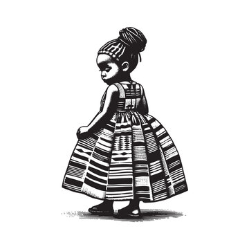 black and white girl in patterned dress clip art preview