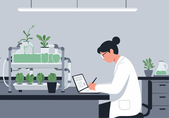 A female scientist in a lab coat analyzes data on a laptop, surrounded by hydroponic plants. Clean, modern lab setting. Ideal for science, research, and technology concepts.