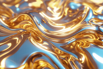 Abstract golden and blue waves flow like liquid metal. The shiny surface and glowing reflections give a futuristic and high-tech feel.