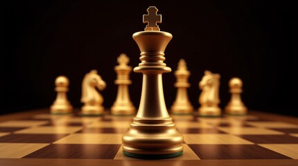 Majestic Golden King Surveys His Realm Chess Pieces Strategically Positioned On Dark Board Ready For Next Move Brilliant Game Awaits