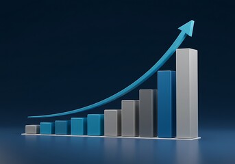 Growing Bar Graph with Upward Arrow Against Blue Background Showing Progress