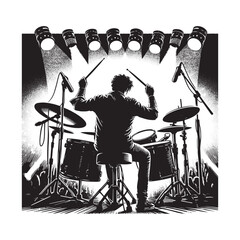 Energetic drummer performing on illuminated stage rendered in woodcut style