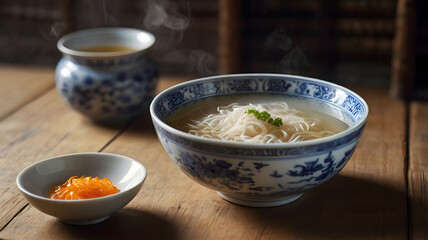 Bowl of traditional Chinese Bird's Nest Soup – delicate, translucent bird's nest strands in clear, aromatic broth, luxurious restaurant delicacy
