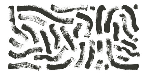 Charcoal wavy brush stroke lines. Hand drawn black ink vector long shapes. Paintbrush linear wobbly elements set isolated on white background. Marker thick grunge curved strips.