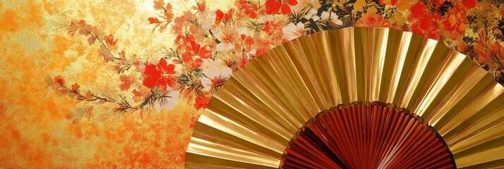 Golden fan against floral backdrop with red accents creates a