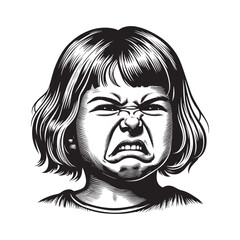 Expressive engraving of a young girl displaying strong dislike emotion in art