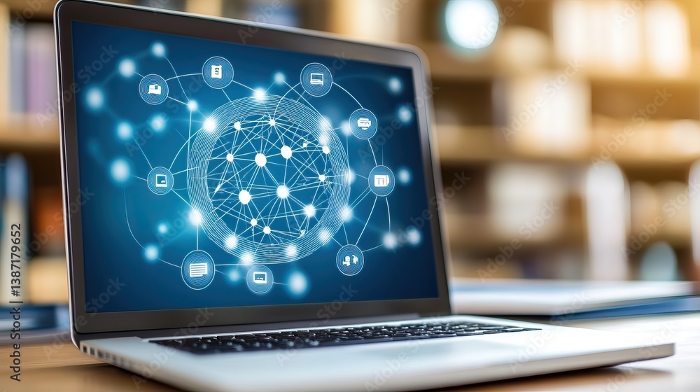 Poster laptop with global network display in a library