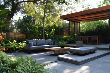 Stylish Backyard Lounge with Wooden Canopy and Lush Garden