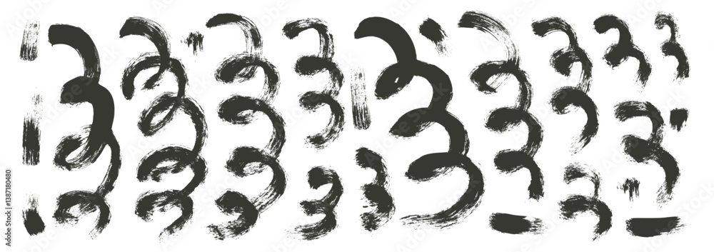 Poster set of black linear brush drawing elements isolated on a white background. loop and spiral marker fr